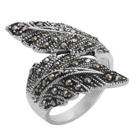 Silverly Women's .925 Sterling Silver Simulated Marcasite Oxidised Overlapping Feather Ring