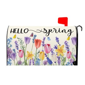 Hello Spring Mailbox Covers Tulip Lavender Butterfly Spring Decorative Mailbox Covers Magnetic Standard Size 25.5x21 In Rustic Waterproof Mailbox Wraps Post Letter Box Covers Garden Yard Outdoor Decor