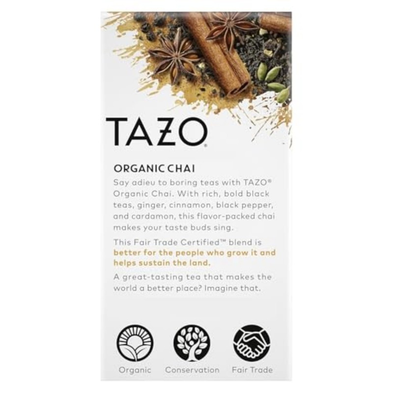 TAZO Organic Chai Black Tea Bags, Caffeinated tea, 16 Total