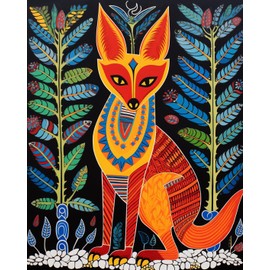 Tucocoo Gond Animal Fox Oil Painting Paint by Number Kits 16 x 20 inch Canvas Gond Painting Style Fox Art DIY Oil Painting for Kids Students Adults Beginner with Brushes Acrylic Pigment(DIY Frame)