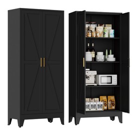 61" Kitchen Pantry Cabinet, Farmhouse Metal Storage Cabinet with 2 Doors and 3 Adjustable Shelves, Metal Pantry Closet Cabinets for Kitchen Bathroom, Home Office, Living Room