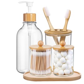 5 Pack Bamboo Bathroom Accessories Set with Tray - Plastic Soap Dispenser Clear Toothbrush Holder and 2 Qtip Holder Cotton Ball Container Jar