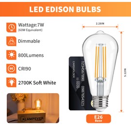 ALAMPEVER Dimmable 6-Pack ST19 Vintage LED Edison Bulbs, Decorative LED Light Bulbs, 7W(60W Equivalent), 2700K Soft White, E26 Medium Base, 800LM, CRI90, Clear Glass Finishing