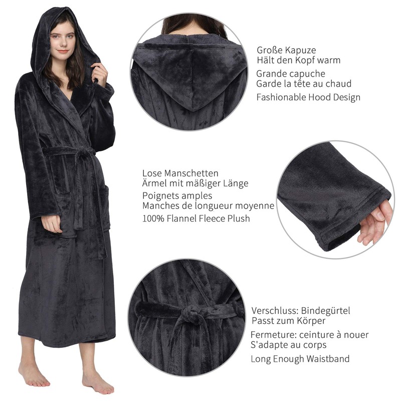Mnemo Women's Long Bathrobe with Hood, Women's Terry Towelling Bathrobe,