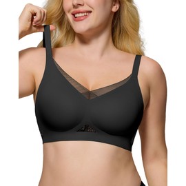 As Fairy Womens Wireless Bras V Lace Floral Mesh No Underwire Full Coverage Seamless Comfortable Tshirt Everyday Bras (Black Floral,XXL)