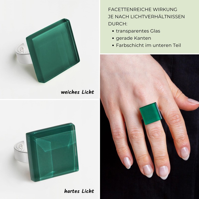 ALEXASCHA® Square Statement Glass Ring • Adjustable Stainless Steel Ring