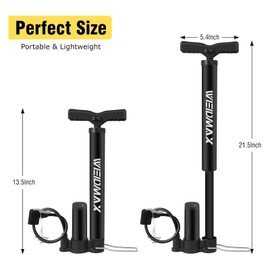 Bike Pump Portable, Bike Tire Inflator, Bicycle Hand Air Pump with Presta and Schrader, Ball Pump Inflator Bicycle Floor Pump Suitable for Baby Stroller Tires, Balls, Road and Mountain Bikes