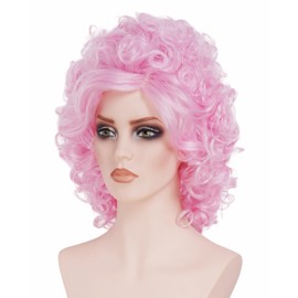 Rugelyss Long Curly Pink Beehive Wig for Women Vintage Disco Wig Synthetic Full Wavy Wigs for 60s 70s 80s Rock Singer Cosplay or Halloween Costume Party