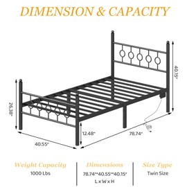 Jenmit Twin Bed Frames with Headboard, LED Bed Frame with Charging Station, Metal Platform, Under-Bed Storage, No Box Spring Needed, Noise Free, Easy Assembly, Black