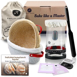 Sourdough Starter Kit with 35oz Jar, 2 Cotton Rope Proofing Baskets (9" round & 10" oval), Recipe Book,Thermometer, Bread Lame, Silicone Spatula & Bread Bag - Complete Sourdough Baking Supplies &Tools