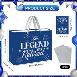 SUNDECO Blue Silver Retirement Gift Bag, Large Happy Retirement Gift Bag with Cards & Tissue Paper, The Legend Has Retired Wrapping Paper for Men, Women, Coworkers, Farewell Going Away Party Decor