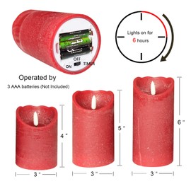 Eldnacele Red Wax Flameless Flickering Candles with 6H Timer, 3D Wick Realistic Battery Operated Pillar LED Candles Set of 3 for Easter Home Wedding Party Christmas Decoration (D3” x H4”5”6”)