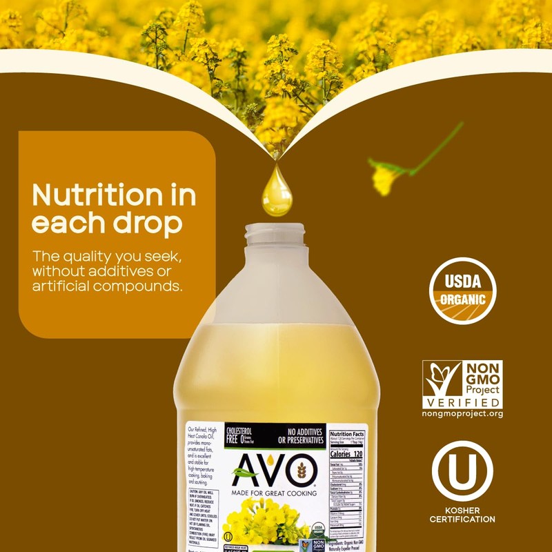 AVO ORGANIC CANOLA Oil Frying, Baking, Non-stick Sautéing, Salads, Vinaigrette,