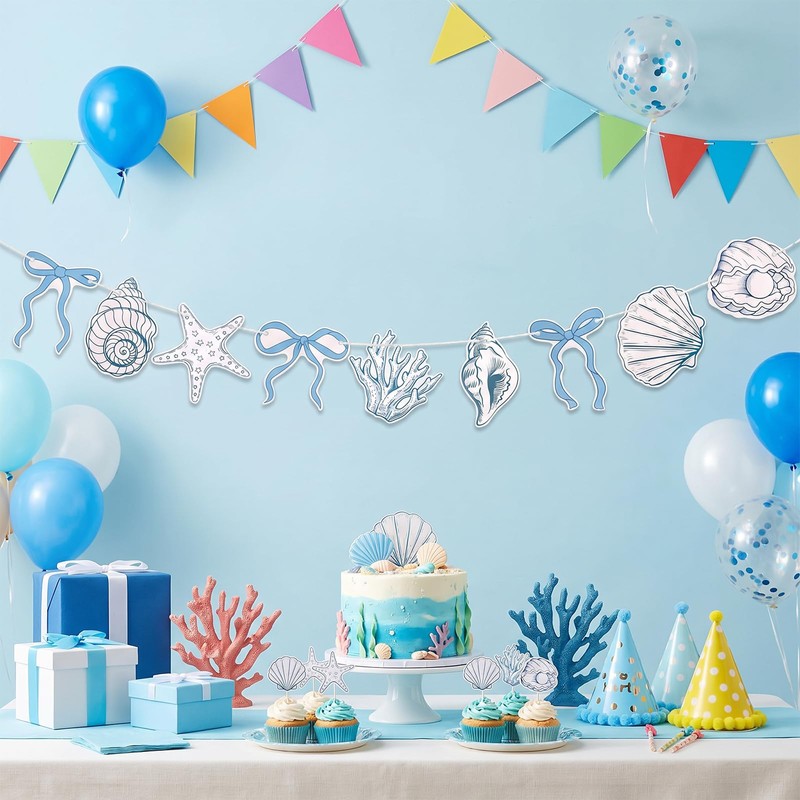 ZEYIYER 13Ft Blue Bow Starfish and Seashell Banner, Summer Coastal