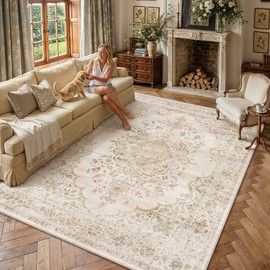 WondRg 8x10 Beige Washable Neutral Area Rug Living Room