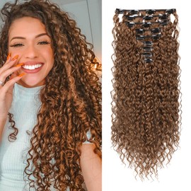 FLUFYMOOZ 9PCS Clip in Hair Extensions 22 Inch Curly Hair Extension Long Soft Synthetic Hairpieces for Women (Chestnut Brown)