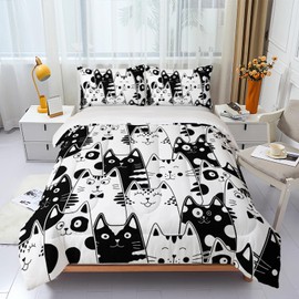 Nttopship Black and White Cat Comforter Set Queen,Kawaii Cat Butterfly 3 Pieces Bedding Set for Teens Kids,Cartoon Down Alternative Bed Comforters Bedding Sets for All Season