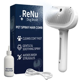 3 In 1 Self Cleaning Steamy Pet Brush, Pets Spray Hair Removal Comb - Anti-Static, Dog Grooming Tool with Steam & Self-Cleaning | Skin-Friendly Design + Bathing Solution (White)