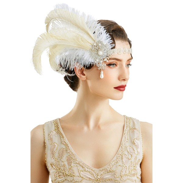 BABEYOND 1920s Flapper Headband Vintage Wedding Feather Headpiece 20s Great Gatsby Hair Accessories with Pearl (White)