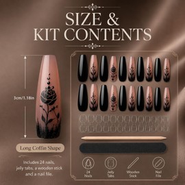 Dixiwuje Long Coffin Nails, Press-On Nails, Black, Pack of 24, Gothic Rose