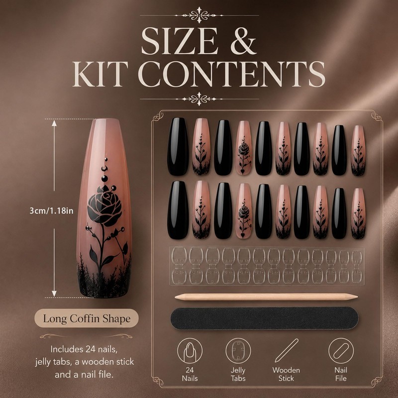 Dixiwuje Long Coffin Nails, Press-On Nails, Black, Pack of 24,