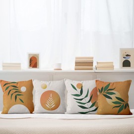 ASDCXZ Boho Cushion Cover 40x40 cm 4er Set, Modern Abstract Green Leaves Sun Orange Sofa Decorative Cushion Covers Cushion Cover Washable Polyester Flax Textile Upholstery Pillow Cover Cushion Cover