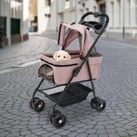 Pet Stroller, 4 Wheels Dog Cat Stroller, Foldable Pet Stroller for Small/Medium Dogs/Cats, Dogs Cats Stroller with Carrying Basket, Storage Bag and Integrated Serving Tray (Pink)