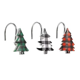 Christmas Tree Shower Curtain Hooks, Buffalo Plaid Shower Rings, Festive Holiday Decor, 12 Pack Decorative Hooks for Bathroom, Country Farmhouse Bathroom Accessories Set, Durable and Easy to Install