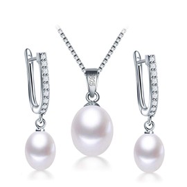 HENGSHENG Genuine Pearl Jewelry Set Pearl Pendant Necklace &Pearl Earrings Set Zircon Dangle Drop Earrings S925 Sterling sliver Wedding Gift