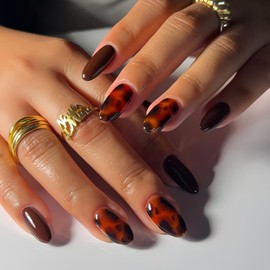 Fall Amber Press on Nails Almond Brown Fake Nails Medium False Nails with Designs Full Cover Acrylic Nails Autumn Glue on Nail Glossy Medium Artificial Thanksgiving Day Stick on Nail for Women