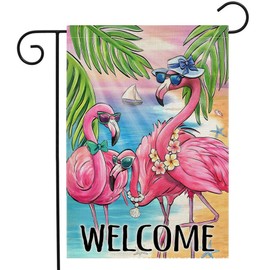 RAORAOYUE Summer Flamingo Garden Flag 12x18 Inch Double Sided, Welcome Seasonal Holiday Burlap Yard Flag for Hawaii Tropical Beach Holiday Outdoor Party Decoration