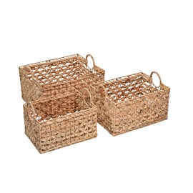 happimess BSK2010A-3SET Quinn Bohemian Cottage Woven Hyacinth Rectangular Wicker Storage Baskets with Handles, Natural (Set of 3), Seagrass Containers for Decoration in Bathroom, Bedroom, Living Room