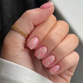 Square Press On Nails Short Fake Nails Pink False Nails With Wave Point Design Cute Acrylic Nails Full Cover Artificial Nails Glossy Glue Nails Reusable Stick On Nails For Women 24pcs