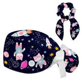 Bouffant Scrub Caps Women with Bow,Cartoon Cat Blue Pattern Surgical Caps with Button,Adjustable Working Cap with Ponytail Pouch
