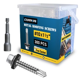 300Pcs #10 x 1-1/2 Inch Galvanized Metal Roofing Screws, Hex Head Drill Point Sheet Metal Roof Screw with Rubber Washer, EPDM Washer, with Hex Drive Bit.