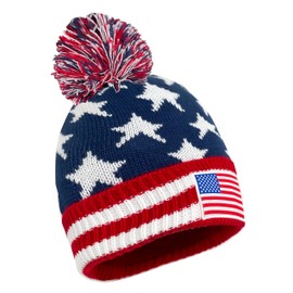 USA Winter Beanie with Pom Pom, Knit American Flag Cuffed Skull Beanie Cap Blue