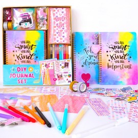 Joyeee DIY Journal Set for Tween & Teen Girls, Include 2 Pack Kids Notebooks, Stamps for Kids, Color Crayon Pen, Star Hair Clip, Paper Bookmarks, Small Notes, Kawaii Stickers etc