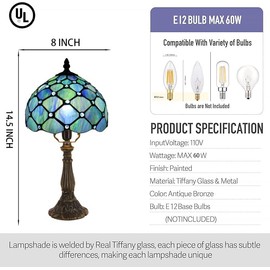 LXHCYOU Small Tiffany Lamp Mini Accent Table Lamp Stained Glass Desk Memory Lamp Sympathy 8X14.5 Inch (Sea Blue Pearl Style)