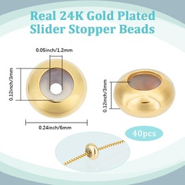 Beebeecraft Pack of 40 Charm Bracelet Stoppers 24 Carat Gold-Plated 6 x 3 mm Adjustable Sliding Beads Loose Metal Spacer Beads with Rubber Inner for Necklaces Chains Jewellery Making Hole: 1.2 mm