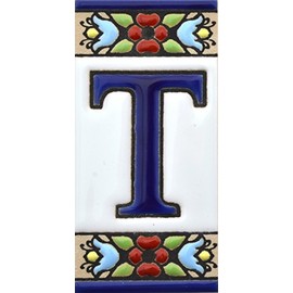 Signs with Numbers and Numbers on Ceramic Tile Hand-painted Cord Technique for Signs with Names, Addresses and Signposts Design Flowers Mini 7.3 cm x 3.5 cm (Letter "T")