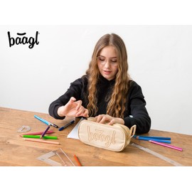 Baagl Pencil Case for Girls, Boys, School Pencil Case with 3 Compartments, Pencil Case for Teenagers, Kids Case, beige, Pencil case