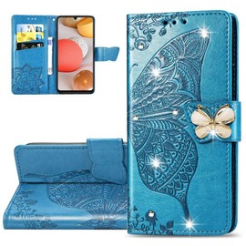 LEMAXELERS Oppo A96 Hülle,Oppo A96 Handyhülle Prägung Glitzer Diamant Schmetterling Blumen Flip Case PU Leder Cover Magnet Schutzhülle Handytasche für Oppo A96,SD Die Blue
