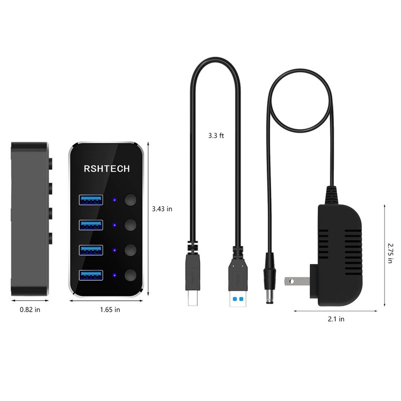 RSHTECH Hub USB alimentado, 4 puertos USB 3.0 divisor de