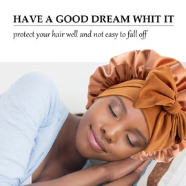 Satin Silk Hair Bonnet for Sleeping Large Bonnets with Tie Band Wrap with Adjustable Straps Night Sleep Caps for Women Curly Braid Hair (Black,Copper)