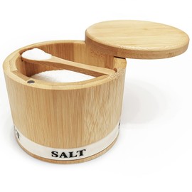 ThougrLyh Salt Box Bamboo Salt Container with Swivel Lid with Magnetic to Easily Open and Seal Salt Cellar With Spoon for Storing Salt Pepper Sugar Herbs Small Spice Box