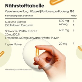 Turmeric Extract Capsules - 500 mg Curcuma Extract - 180 Pieces for 6 Months - Curcumin with 20 mg Ginger & 600 mg Black Pepper - 1 Capsule Daily - Curcumin - WeightWorld