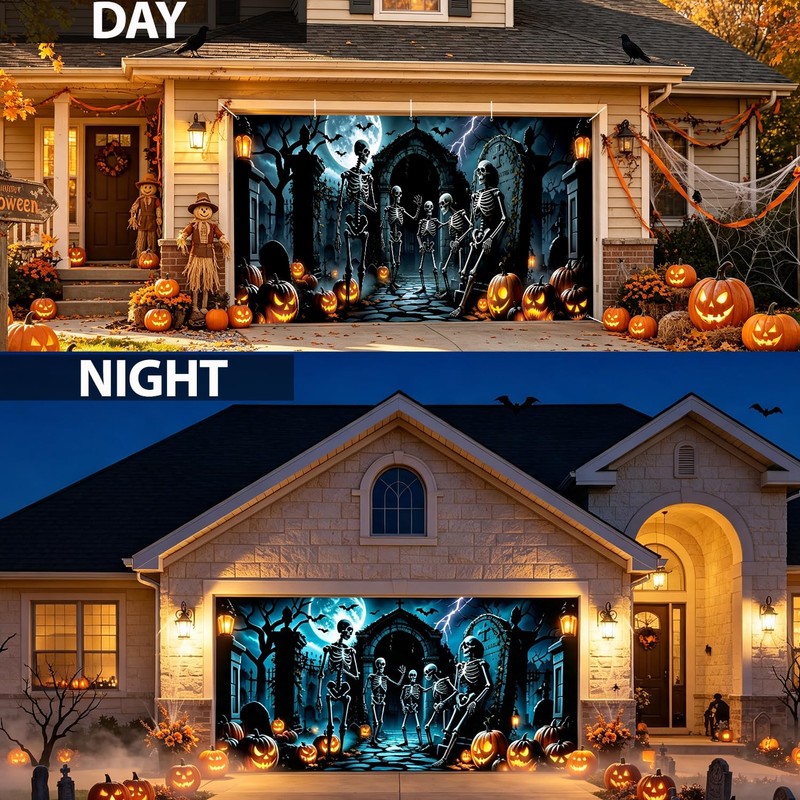 7 x 16 ft Halloween Garage Door Cover, Skull Garage