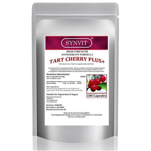 Tart Cherry Plus: High Strength Montmorency & Black Cherry Capsules to give a Powerful antioxidant Tart Cherry Supplement with a Combined 2100mg Daily Serving. UK Made