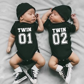 DEFAHN Funny Twins Baby Bodysuits Boys Girls Rompers 2 Pack Twin Matching Clothes Outfits for Newborn Infant (TWIN 01 02, 3-6 Months)