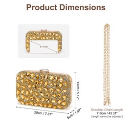 DTGN Evening Bags Clutch Purses for Women Formal, Gemstone Handbag Crystal Rhinestone Crossbody Square Bag with Chain Shoulder Bag Sparkly for Wedding Guest Party Gold